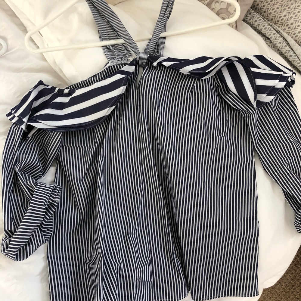 Off the shoulder blue and white striped blouse